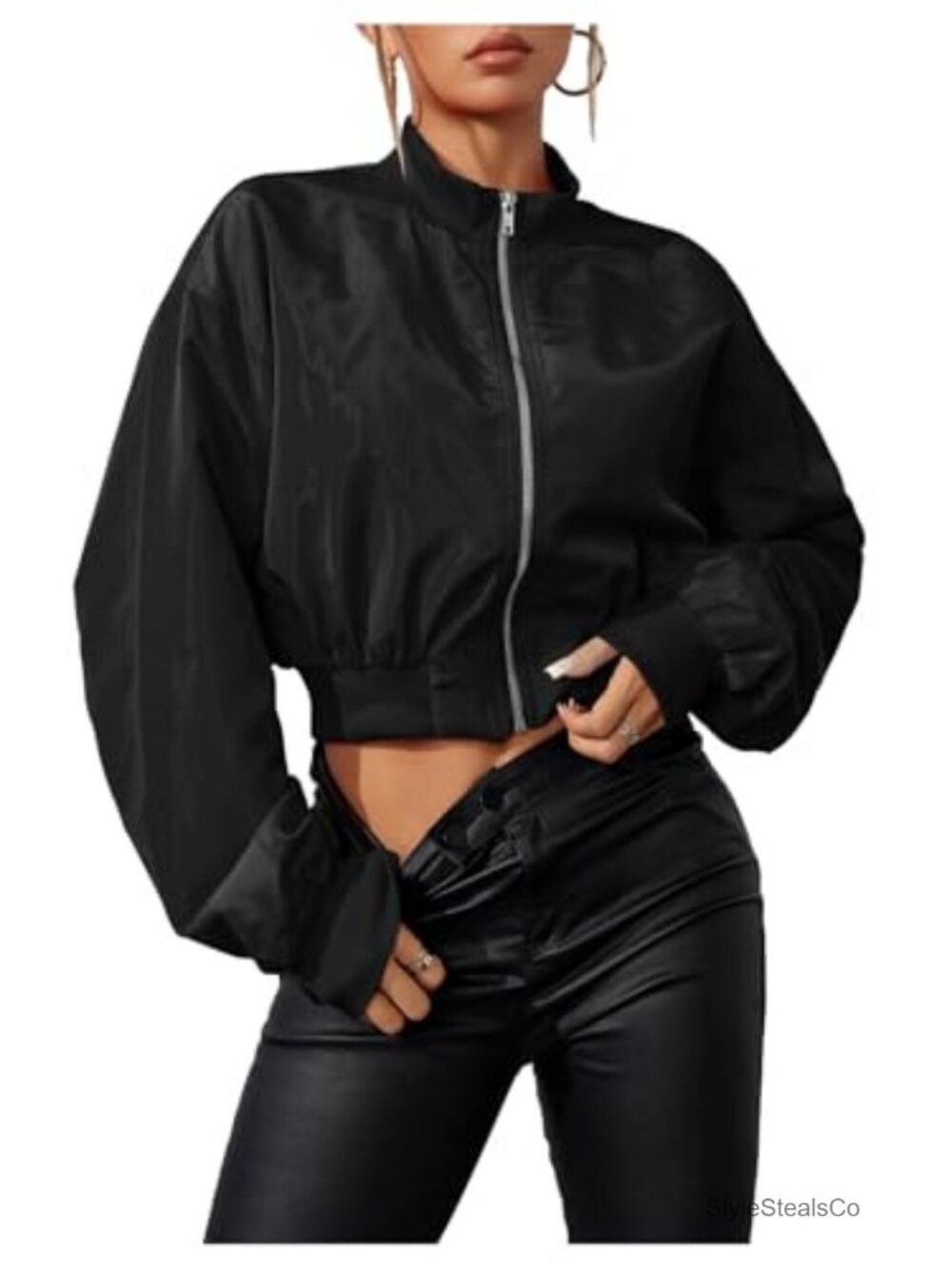 Women's Cropped Bomber Jacket Lightweight Zip Up Long Sleeve